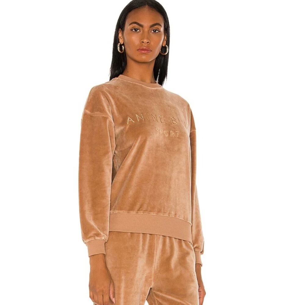 Anine Bing Evan Velour Sweatshirt in Taupe size S small